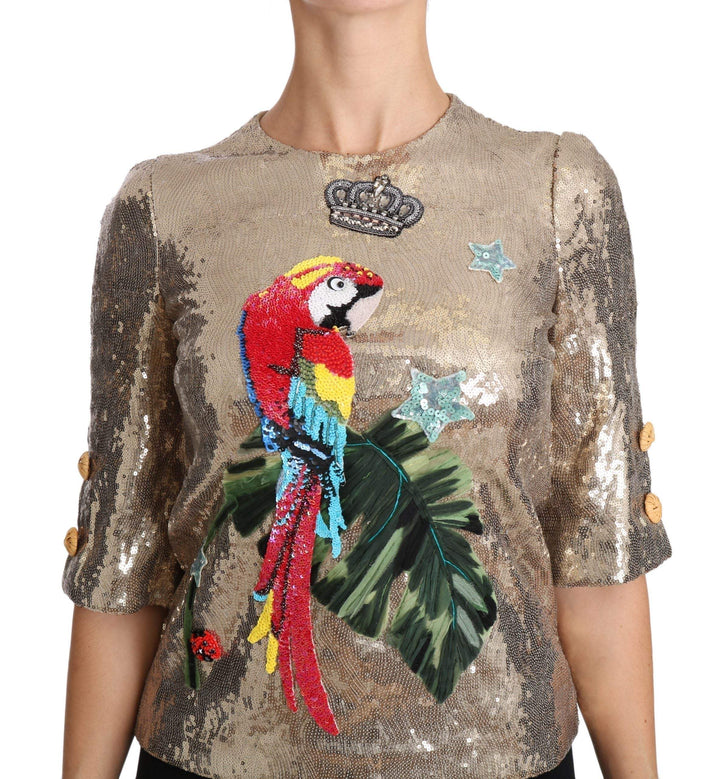 Dolce & Gabbana  Gold Sequined Parrot Crystal Blouse #women, Brand_Dolce & Gabbana, Catch, Dolce & Gabbana, feed-agegroup-adult, feed-color-gold, feed-gender-female, feed-size-IT36 | XS, feed-size-IT40|S, feed-size-IT46 | L, Gender_Women, Gold, IT36 | XS, IT40|S, IT46 | L, Kogan, Tops & T-Shirts - Women - Clothing, Women - New Arrivals at SEYMAYKA