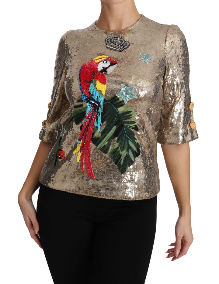 Dolce & Gabbana  Gold Sequined Parrot Crystal Blouse #women, Brand_Dolce & Gabbana, Catch, Dolce & Gabbana, feed-agegroup-adult, feed-color-gold, feed-gender-female, feed-size-IT36 | XS, feed-size-IT40|S, feed-size-IT46 | L, Gender_Women, Gold, IT36 | XS, IT40|S, IT46 | L, Kogan, Tops & T-Shirts - Women - Clothing, Women - New Arrivals at SEYMAYKA