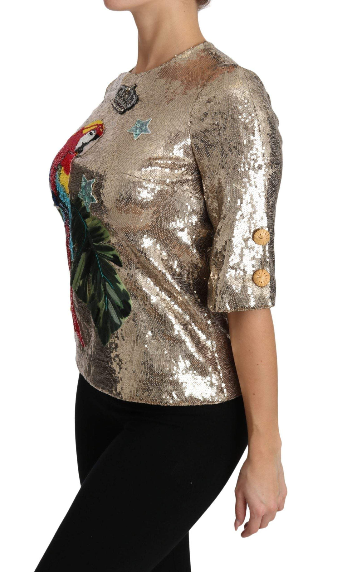 Dolce & Gabbana  Gold Sequined Parrot Crystal Blouse #women, Brand_Dolce & Gabbana, Catch, Dolce & Gabbana, feed-agegroup-adult, feed-color-gold, feed-gender-female, feed-size-IT36 | XS, feed-size-IT40|S, feed-size-IT46 | L, Gender_Women, Gold, IT36 | XS, IT40|S, IT46 | L, Kogan, Tops & T-Shirts - Women - Clothing, Women - New Arrivals at SEYMAYKA