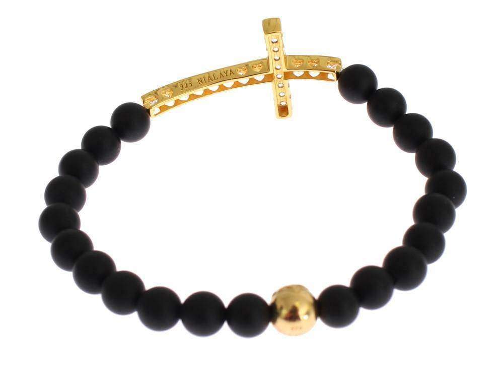 Nialaya Matte Onyx Stone Gold CZ Cross 925 Silver Bracelet #women, Black, Bracelets - Women - Jewelry, Catch, feed-agegroup-adult, feed-color-black, feed-gender-female, feed-size-M, feed-size-S, feed-size-XS, Gender_Women, Kogan, M, Nialaya, S, XS at SEYMAYKA