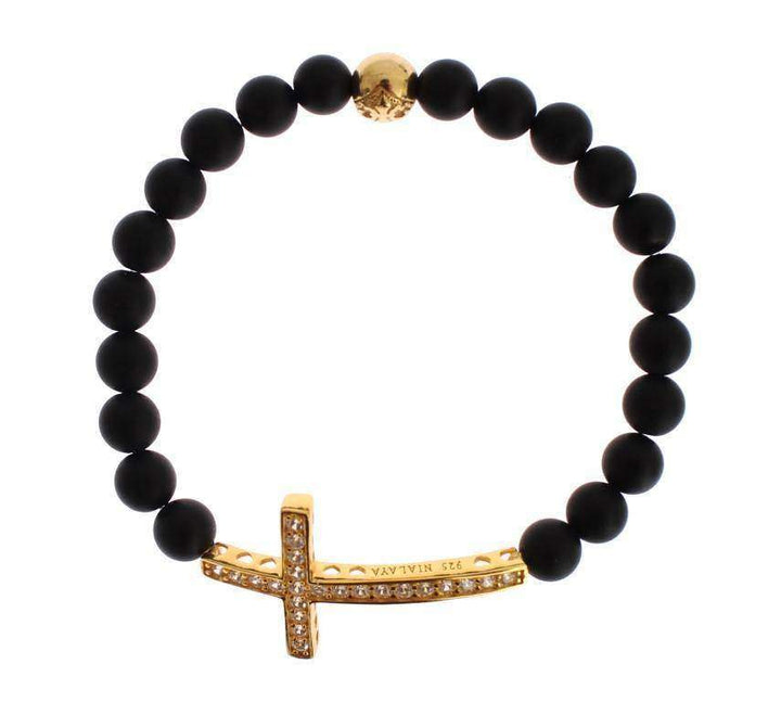 Nialaya Matte Onyx Stone Gold CZ Cross 925 Silver Bracelet #women, Black, Bracelets - Women - Jewelry, Catch, feed-agegroup-adult, feed-color-black, feed-gender-female, feed-size-M, feed-size-S, feed-size-XS, Gender_Women, Kogan, M, Nialaya, S, XS at SEYMAYKA