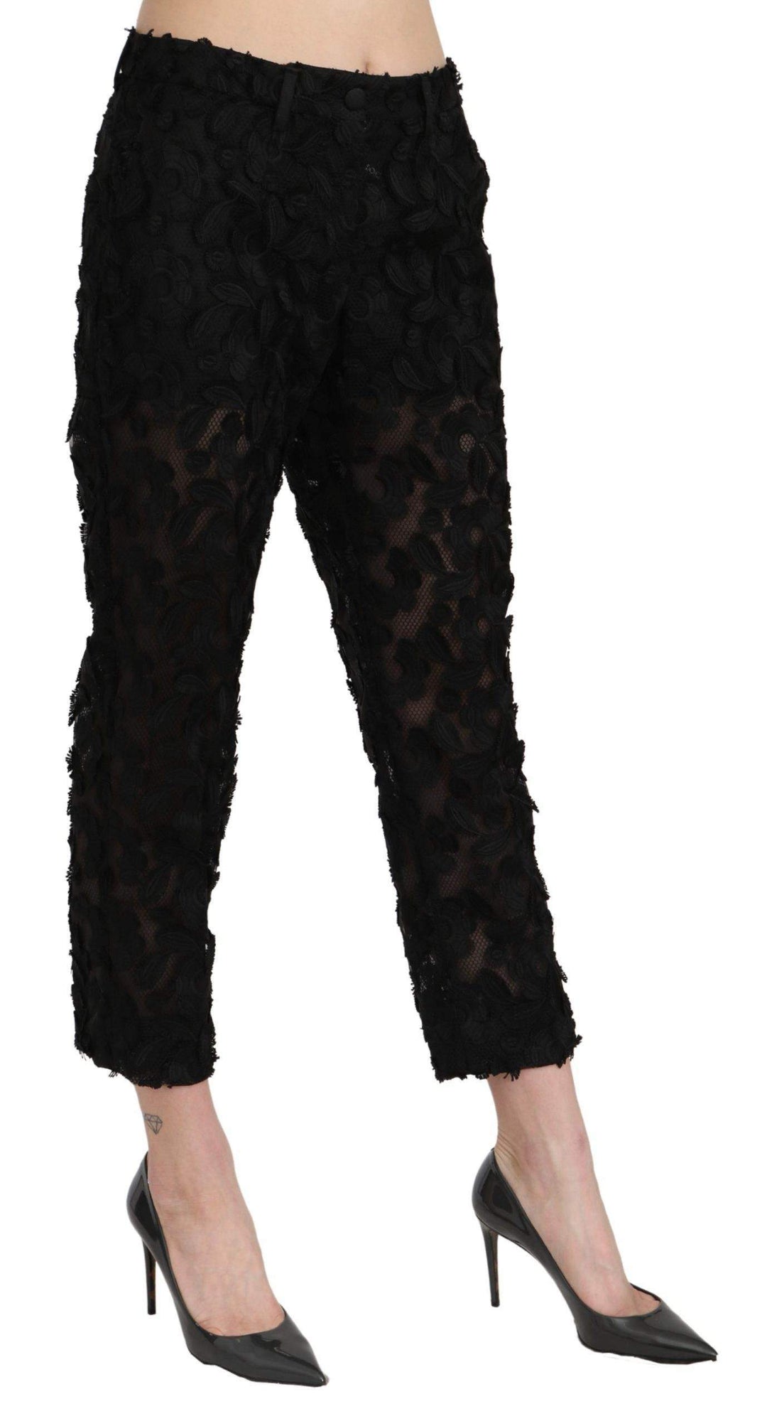 Dolce & Gabbana  Black Lace Straight Cropped High Waist Pants #women, Black, Brand_Dolce & Gabbana, Catch, Dolce & Gabbana, feed-agegroup-adult, feed-color-black, feed-gender-female, feed-size-IT42|M, feed-size-IT44|L, feed-size-IT46|XL, Gender_Women, IT38|XS, IT40|S, IT42|M, IT44|L, IT46|XL, Jeans & Pants - Women - Clothing, Kogan, Women - New Arrivals at SEYMAYKA