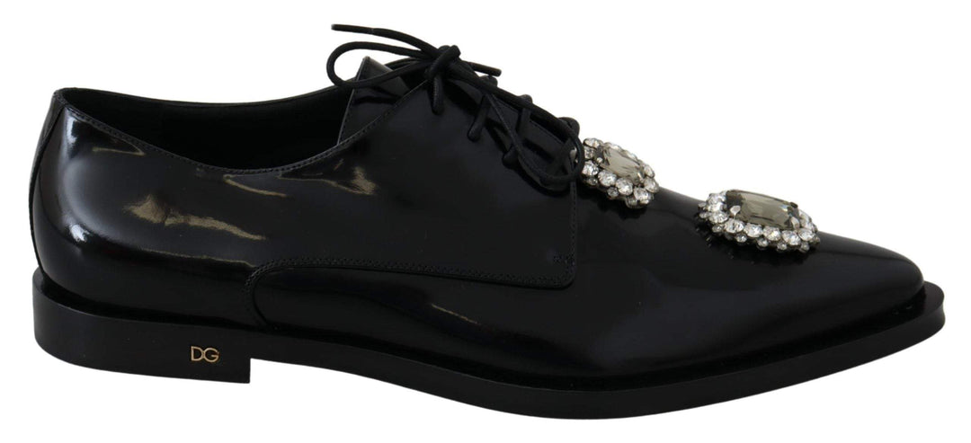 Dolce & Gabbana Black Leather Crystal Lace Up Formal Shoes #women, Black, Dolce & Gabbana, EU41/US10.5, feed-agegroup-adult, feed-color-Black, feed-gender-female, Flat Shoes - Women - Shoes, Shoes - New Arrivals at SEYMAYKA