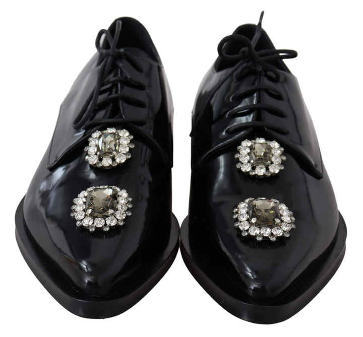 Dolce & Gabbana Black Leather Crystal Lace Up Formal Shoes #women, Black, Dolce & Gabbana, EU41/US10.5, feed-agegroup-adult, feed-color-Black, feed-gender-female, Flat Shoes - Women - Shoes, Shoes - New Arrivals at SEYMAYKA