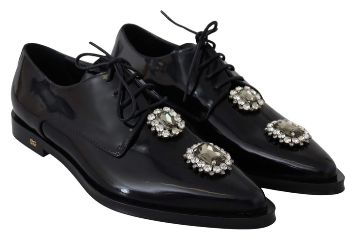 Dolce & Gabbana Black Leather Crystal Lace Up Formal Shoes #women, Black, Dolce & Gabbana, EU41/US10.5, feed-agegroup-adult, feed-color-Black, feed-gender-female, Flat Shoes - Women - Shoes, Shoes - New Arrivals at SEYMAYKA