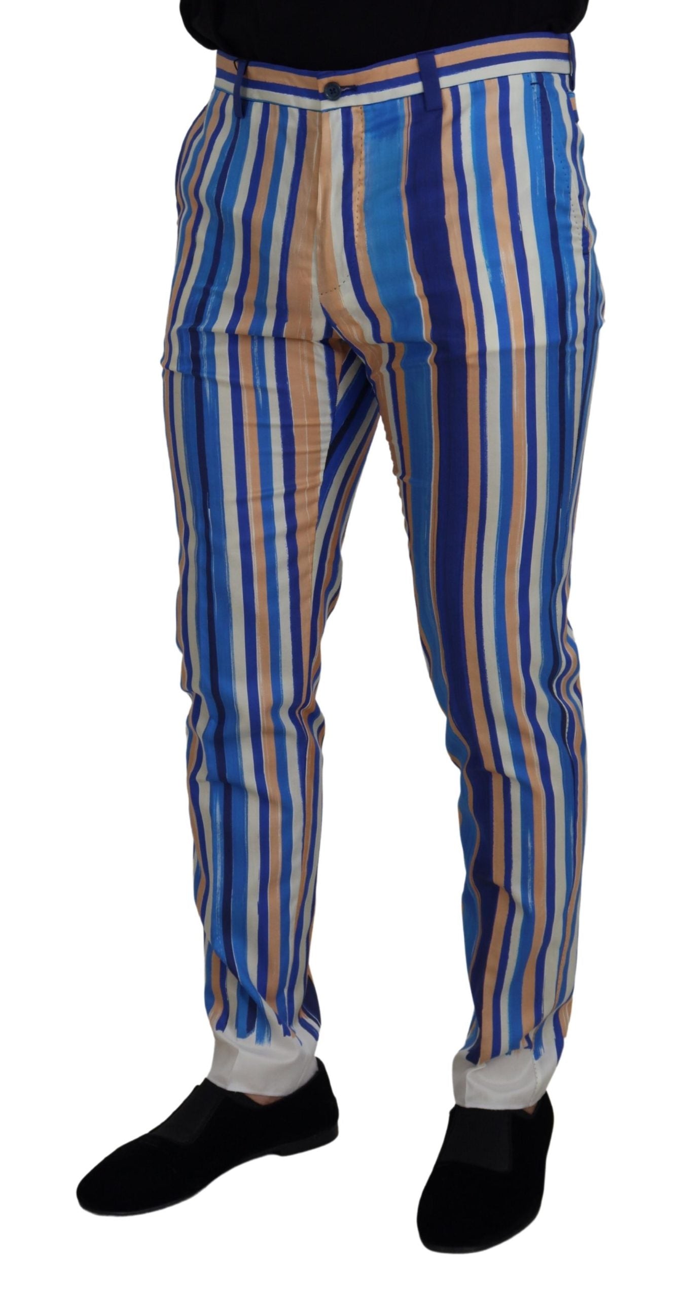 Dolce & Gabbana Blue Striped Silk Cotton Slim Trousers Pants