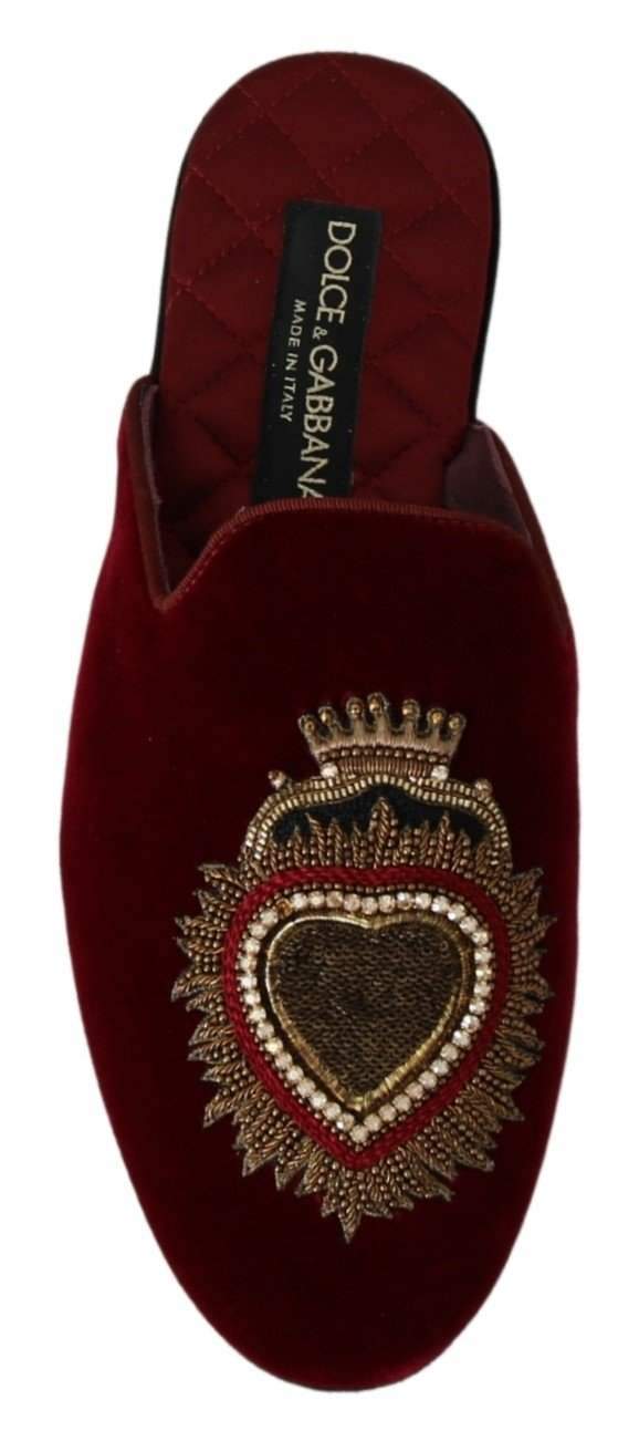 Dolce & Gabbana Red Velvet Sacred Heart Embroidery Slides Shoes #men, Brand_Dolce & Gabbana, Dolce & Gabbana, EU39/US6, feed-agegroup-adult, feed-color-red, feed-gender-male, feed-size-US6, Gender_Men, Red, Sandals - Men - Shoes, Shoes - New Arrivals at SEYMAYKA