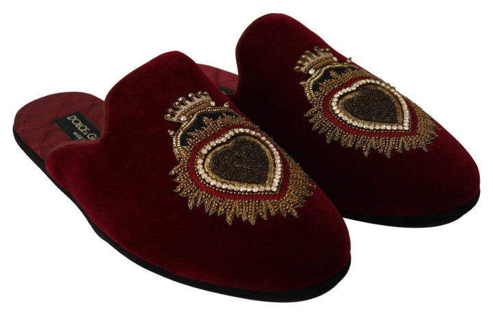 Dolce & Gabbana Red Velvet Sacred Heart Embroidery Slides Shoes #men, Brand_Dolce & Gabbana, Dolce & Gabbana, EU39/US6, feed-agegroup-adult, feed-color-red, feed-gender-male, feed-size-US6, Gender_Men, Red, Sandals - Men - Shoes, Shoes - New Arrivals at SEYMAYKA