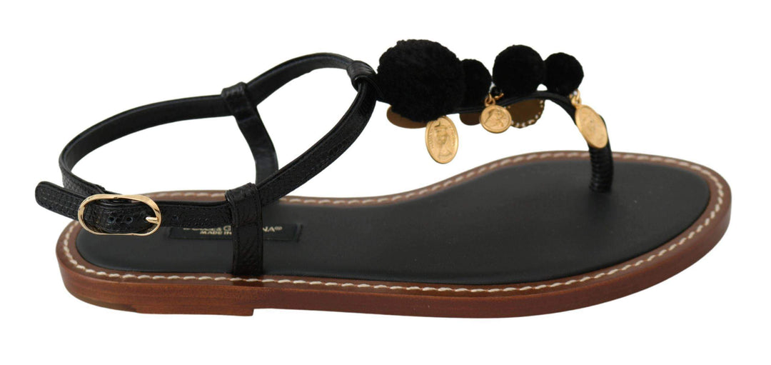 Dolce & Gabbana Black Leather Coins Flip Flops Sandals Shoes #women, Black, Brand_Dolce & Gabbana, Catch, Category_Shoes, Dolce & Gabbana, EU35.5/US5, EU35/US4.5, EU37.5/US7, EU37/US6.5, EU39.5/US9, EU40.5/US10, EU41/US10.5, feed-agegroup-adult, feed-color-black, feed-gender-female, feed-size-US10, feed-size-US10.5, feed-size-US4.5, feed-size-US5, feed-size-US6.5, feed-size-US9, Flat Shoes - Women - Shoes, Gender_Women, Kogan, Shoes - New Arrivals at SEYMAYKA