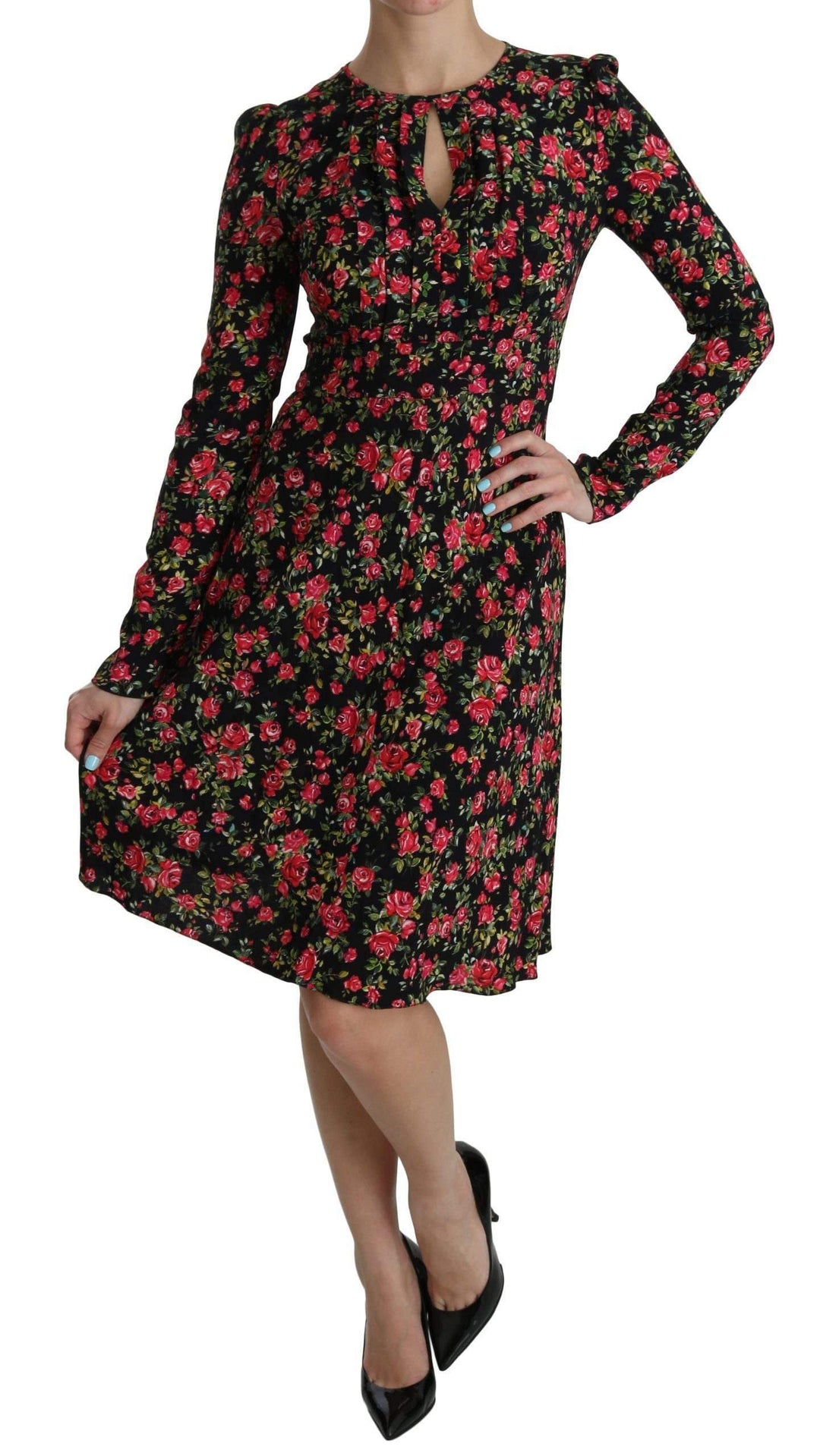 Dolce & Gabbana  Black Floral Longsleeve Knee Length Dress #women, Black, Brand_Dolce & Gabbana, Catch, Clothing_Dress, Dolce & Gabbana, Dresses - Women - Clothing, feed-agegroup-adult, feed-color-black, feed-gender-female, feed-size-IT38|XS, Gender_Women, IT38|XS, Kogan, Women - New Arrivals at SEYMAYKA