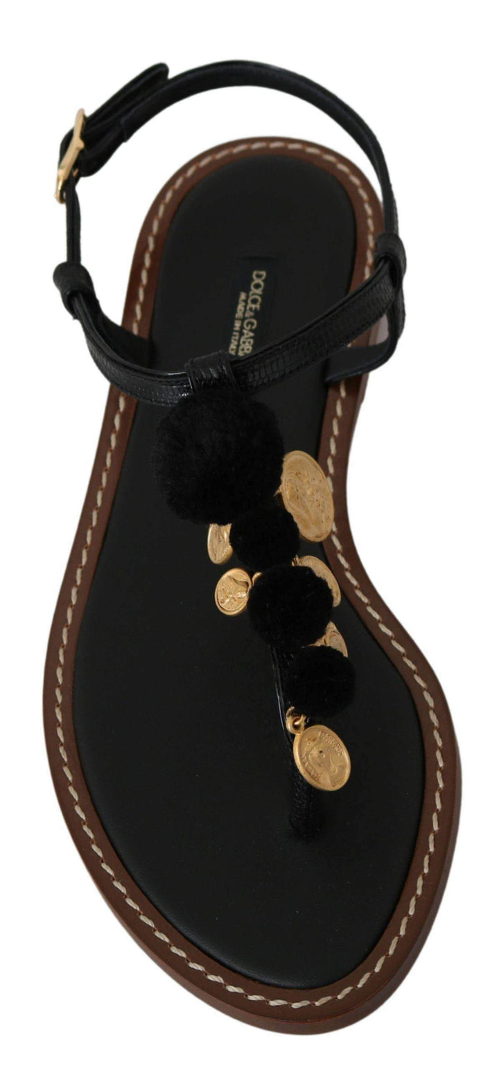 Dolce & Gabbana Black Leather Coins Flip Flops Sandals Shoes #women, Black, Brand_Dolce & Gabbana, Catch, Category_Shoes, Dolce & Gabbana, EU35.5/US5, EU35/US4.5, EU37.5/US7, EU37/US6.5, EU39.5/US9, EU40.5/US10, EU41/US10.5, feed-agegroup-adult, feed-color-black, feed-gender-female, feed-size-US10, feed-size-US10.5, feed-size-US4.5, feed-size-US5, feed-size-US6.5, feed-size-US9, Flat Shoes - Women - Shoes, Gender_Women, Kogan, Shoes - New Arrivals at SEYMAYKA