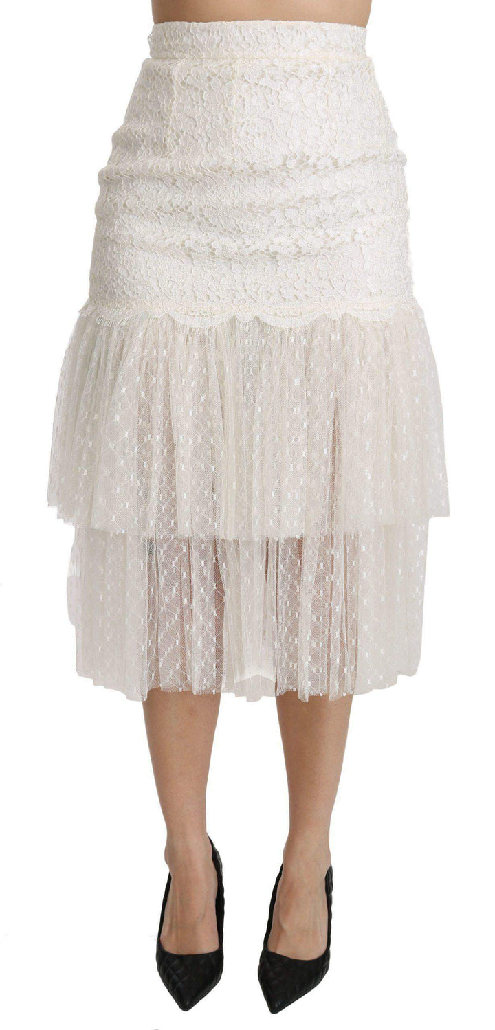 Dolce & Gabbana  White Lace Layered High Waist Midi Cotton  Skirt #women, Brand_Dolce & Gabbana, Catch, Dolce & Gabbana, feed-agegroup-adult, feed-color-white, feed-gender-female, feed-size-IT40|S, Gender_Women, IT40|S, Kogan, Skirts - Women - Clothing, White, Women - New Arrivals at SEYMAYKA