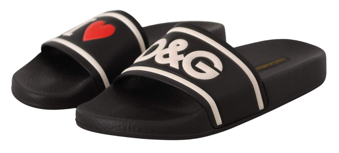 Dolce & Gabbana Black Leather I Love D&G Slides Sandals Black, Dolce & Gabbana, EU35/US4.5, EU36/US5.5, feed-1, Sandals - Women - Shoes at SEYMAYKA