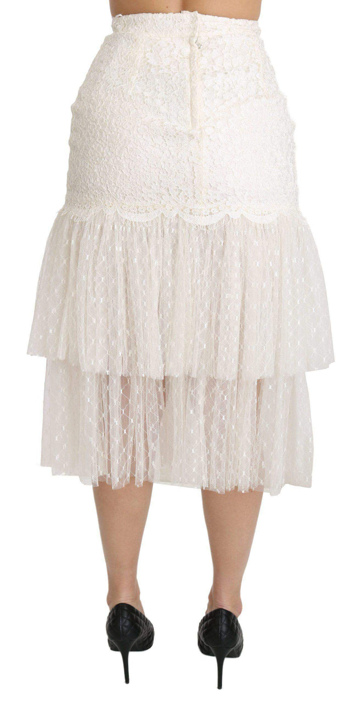 Dolce & Gabbana  White Lace Layered High Waist Midi Cotton  Skirt #women, Brand_Dolce & Gabbana, Catch, Dolce & Gabbana, feed-agegroup-adult, feed-color-white, feed-gender-female, feed-size-IT40|S, Gender_Women, IT40|S, Kogan, Skirts - Women - Clothing, White, Women - New Arrivals at SEYMAYKA