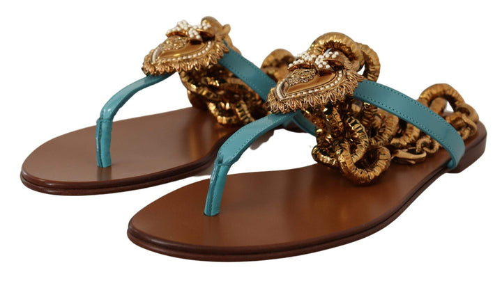 Dolce & Gabbana Blue Leather Devotion Flats Sandals Blue, Dolce & Gabbana, EU39/US8.5, EU40/US9.5, feed-1, Flat Shoes - Women - Shoes at SEYMAYKA