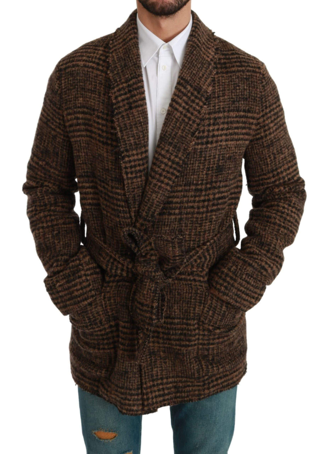 Dolce & Gabbana  Brown Checkered Wool Robe Coat  Wrap Jacket #men, Brand_Dolce & Gabbana, Brown, Catch, Dolce & Gabbana, feed-agegroup-adult, feed-color-brown, feed-gender-male, feed-size-IT44 | XS, feed-size-IT46 | S, feed-size-IT48 | M, Gender_Men, IT44 | XS, IT46 | S, IT48 | M, Jackets - Men - Clothing, Kogan, Men - New Arrivals at SEYMAYKA