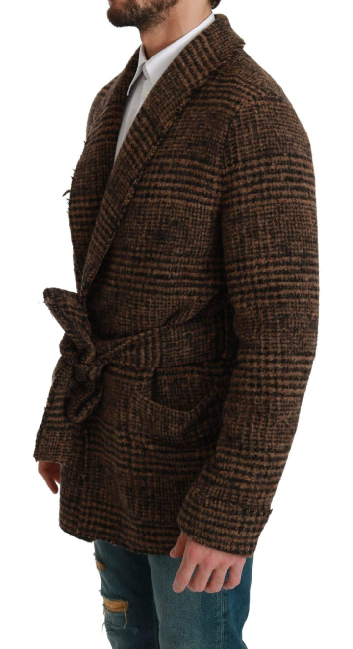 Dolce & Gabbana  Brown Checkered Wool Robe Coat  Wrap Jacket #men, Brand_Dolce & Gabbana, Brown, Catch, Dolce & Gabbana, feed-agegroup-adult, feed-color-brown, feed-gender-male, feed-size-IT44 | XS, feed-size-IT46 | S, feed-size-IT48 | M, Gender_Men, IT44 | XS, IT46 | S, IT48 | M, Jackets - Men - Clothing, Kogan, Men - New Arrivals at SEYMAYKA