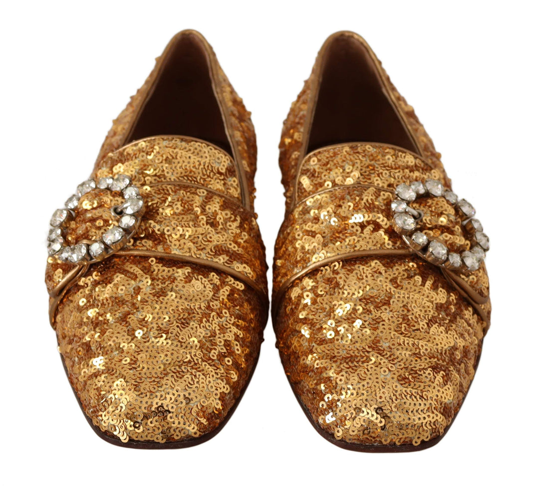 Dolce & Gabbana Gold Sequin Crystal Flat Women Loafers Shoes Dolce & Gabbana, EU37/US6.5, feed-agegroup-adult, feed-color-Gold, feed-gender-female, Flat Shoes - Women - Shoes, Gold at SEYMAYKA