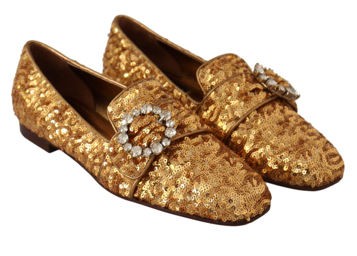 Dolce & Gabbana Gold Sequin Crystal Flat Women Loafers Shoes Dolce & Gabbana, EU37/US6.5, feed-agegroup-adult, feed-color-Gold, feed-gender-female, Flat Shoes - Women - Shoes, Gold at SEYMAYKA