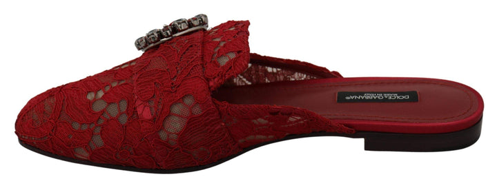 Dolce & Gabbana Red Lace Crystal Slide On Flats Shoes Dolce & Gabbana, EU35/US4.5, feed-agegroup-adult, feed-color-Red, feed-gender-female, Flat Shoes - Women - Shoes, Red, Shoes - New Arrivals at SEYMAYKA