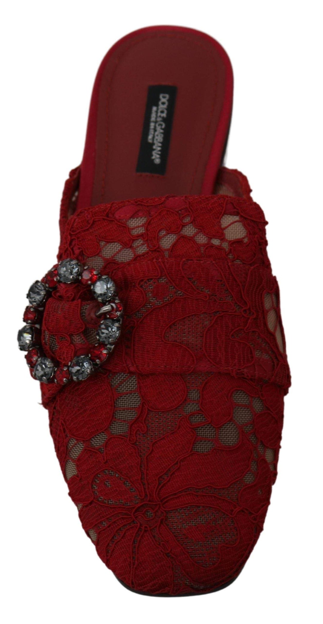 Dolce & Gabbana Red Lace Crystal Slide On Flats Shoes Dolce & Gabbana, EU35/US4.5, feed-agegroup-adult, feed-color-Red, feed-gender-female, Flat Shoes - Women - Shoes, Red, Shoes - New Arrivals at SEYMAYKA