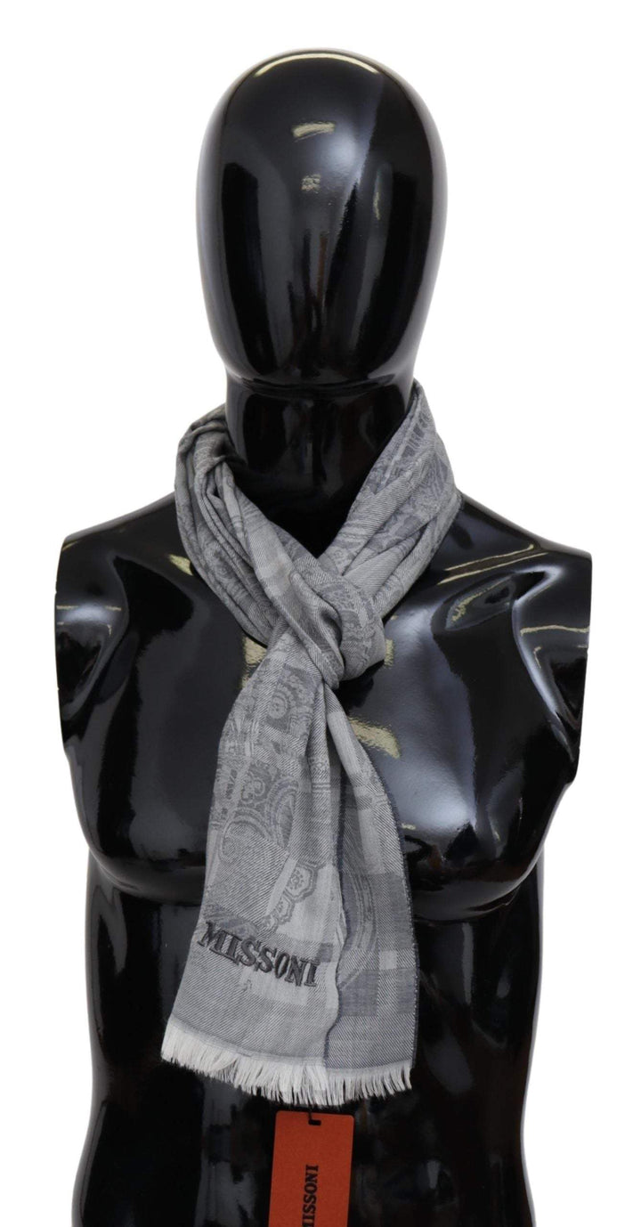 Missoni Gray Floral Wool Unisex Neck Wrap Fringes Scarf #men, Accessories - New Arrivals, feed-agegroup-adult, feed-color-Gray, feed-gender-male, Gray, Missoni, Scarves - Men - Accessories at SEYMAYKA