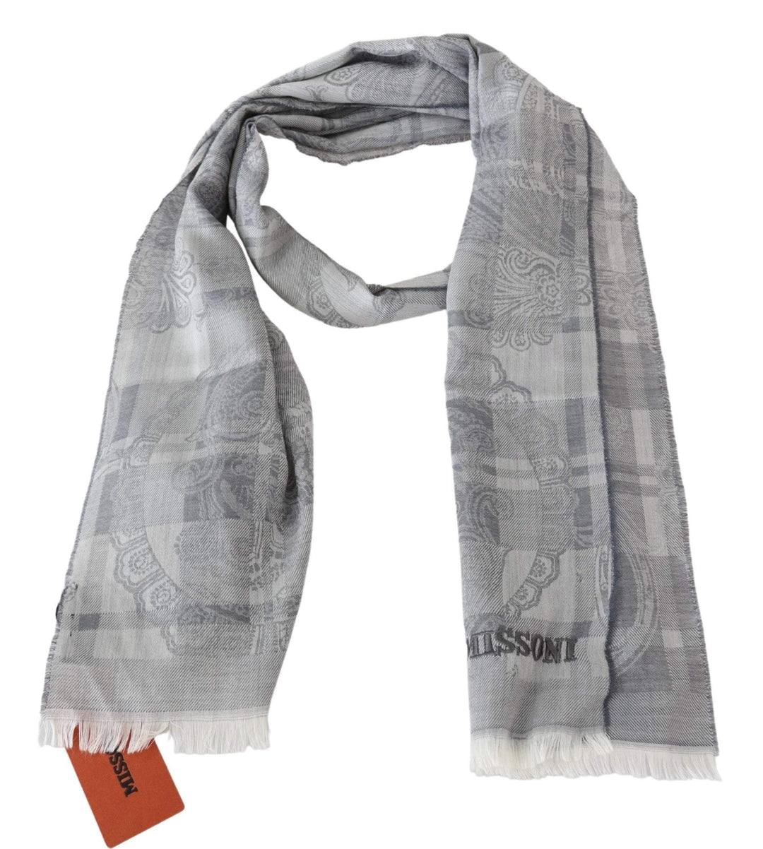 Missoni Gray Floral Wool Unisex Neck Wrap Fringes Scarf #men, Accessories - New Arrivals, feed-agegroup-adult, feed-color-Gray, feed-gender-male, Gray, Missoni, Scarves - Men - Accessories at SEYMAYKA