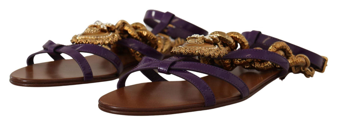 Dolce & Gabbana Purple Leather Devotion Flats Sandals Dolce & Gabbana, EU35.5/US5, EU36.5/US6, EU36/US5.5, EU37.5/US7, EU38.5/US8, EU38/US7.5, EU39.5/US9, EU40/US9.5, feed-1, Flat Shoes - Women - Shoes, Purple at SEYMAYKA