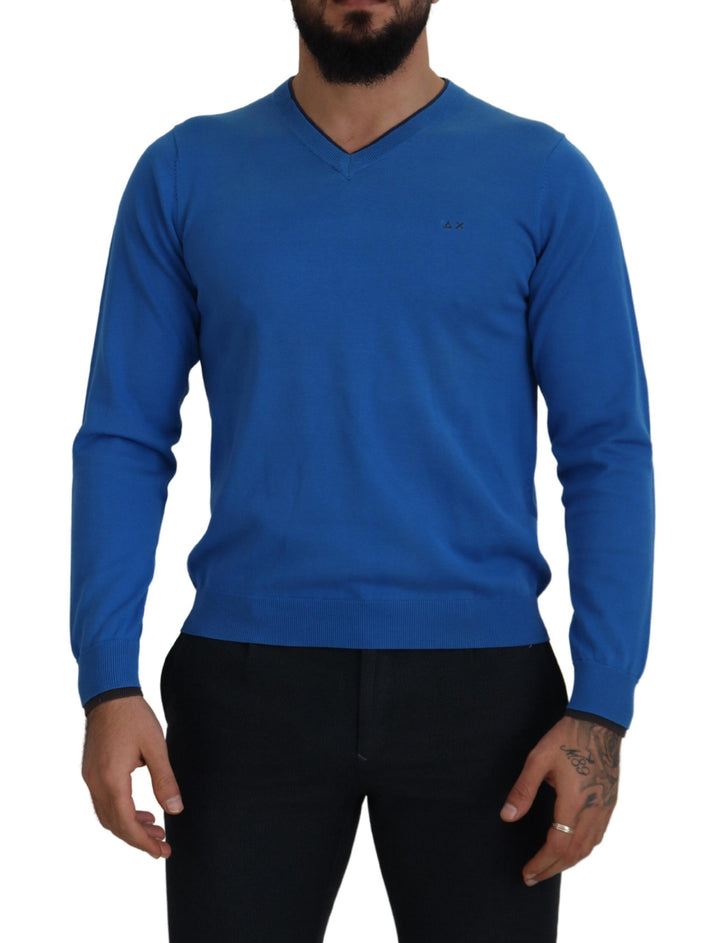 Sun68 Blue Cotton V-Neck Knitted  Pullover Sweater