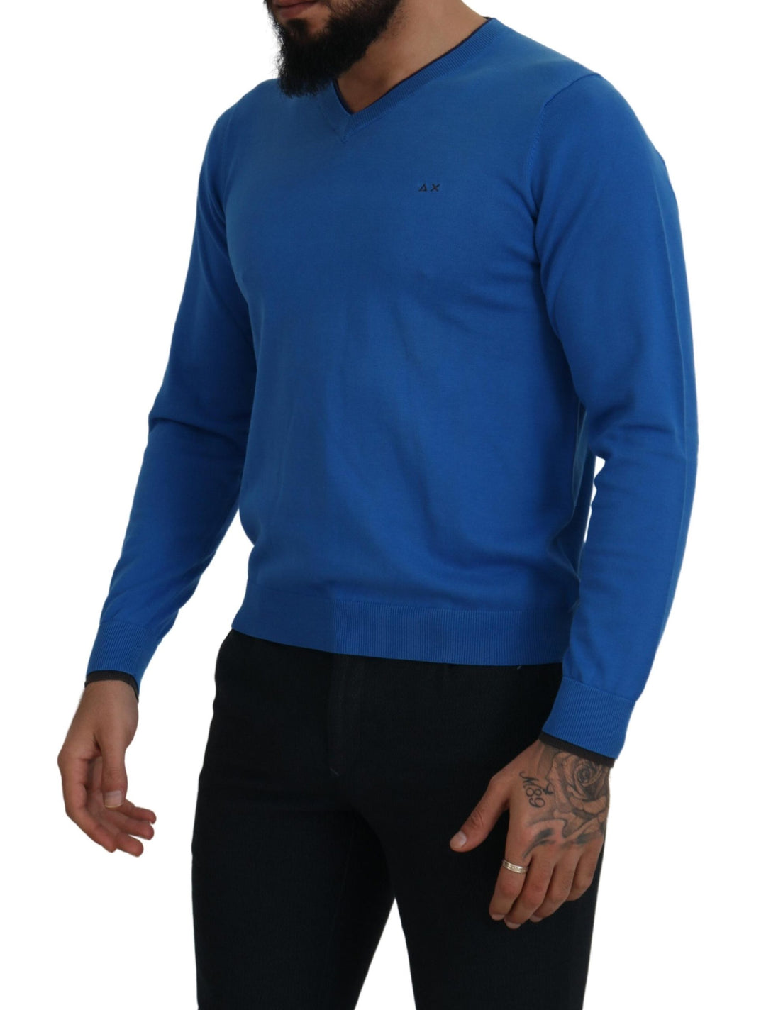 Sun68 Blue Cotton V-Neck Knitted  Pullover Sweater