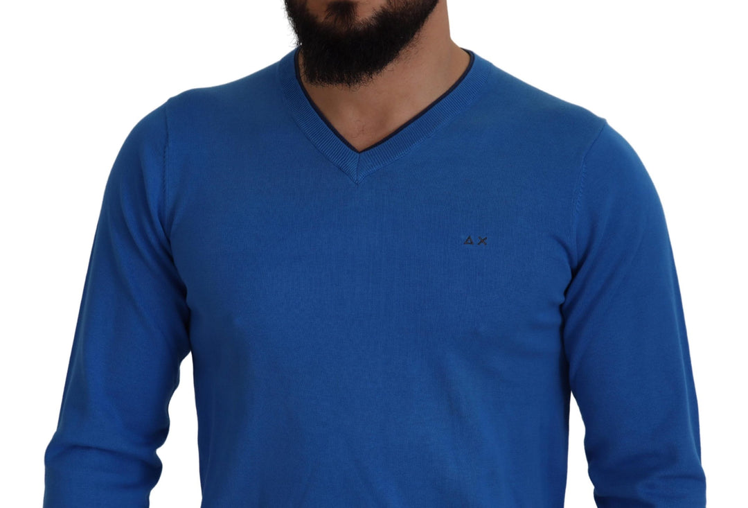 Sun68 Blue Cotton V-Neck Knitted  Pullover Sweater