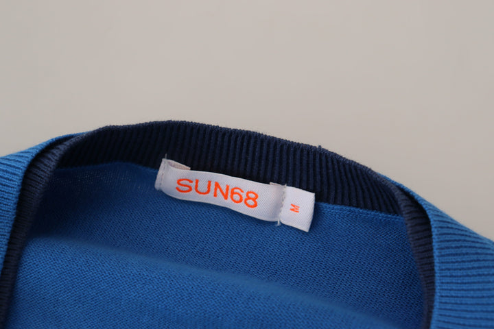 Sun68 Blue Cotton V-Neck Knitted  Pullover Sweater