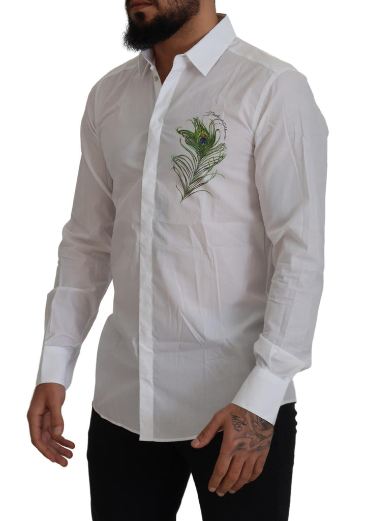 Dolce & Gabbana White Cotton Peacock Feather Formal GOLD Shirt