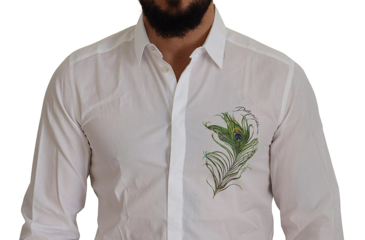 Dolce & Gabbana White Cotton Peacock Feather Formal GOLD Shirt