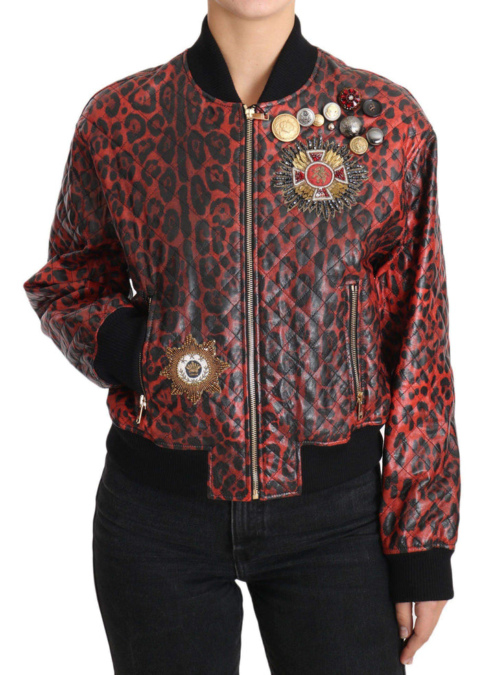 Dolce & Gabbana  Red Leopard Button Crystal Leather Jacket #women, Brand_Dolce & Gabbana, Catch, Dolce & Gabbana, feed-agegroup-adult, feed-color-red, feed-gender-female, feed-size-IT42|M, Gender_Women, IT42|M, Jackets & Coats - Women - Clothing, Kogan, Red, Women - New Arrivals at SEYMAYKA