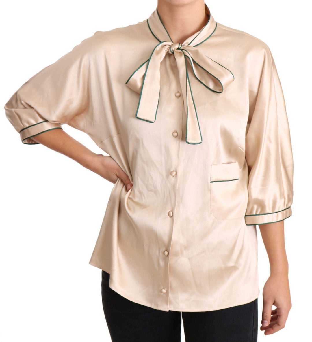 Dolce & Gabbana  Beige Ribbon Silk Stretch Top Blouse #women, Beige, Brand_Dolce & Gabbana, Catch, Dolce & Gabbana, feed-agegroup-adult, feed-color-beige, feed-gender-female, feed-size-IT48|XXL, Gender_Women, IT48|XXL, Kogan, Tops & T-Shirts - Women - Clothing, Women - New Arrivals at SEYMAYKA