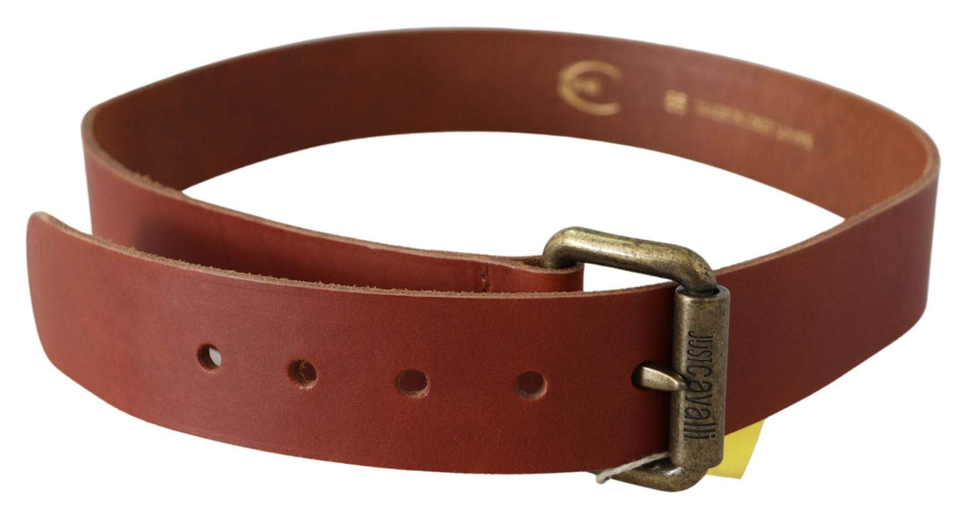 Just Cavalli Brown Leather Logo Bronze Rustic Metal Buckle Belt #women, 85 cm / 34 Inches, Accessories - New Arrivals, Belts - Women - Accessories, Brown, feed-agegroup-adult, feed-color-brown, feed-gender-female, Just Cavalli at SEYMAYKA