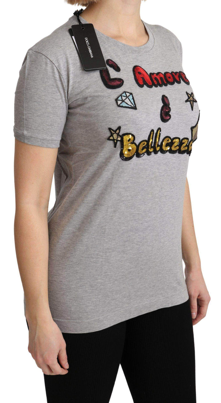 Dolce & Gabbana  Gray Cotton Amore e Bellezza Top T-shirt #women, Brand_Dolce & Gabbana, Catch, Dolce & Gabbana, feed-agegroup-adult, feed-color-gray, feed-gender-female, feed-size-IT36 | XS, feed-size-IT38|XS, feed-size-IT40|S, feed-size-IT42|M, feed-size-IT44|L, feed-size-IT46|XL, Gender_Women, Gray, IT36 | XS, IT38|XS, IT40|S, IT42|M, IT44|L, IT46|XL, Kogan, Sweaters - Women - Clothing, Women - New Arrivals at SEYMAYKA