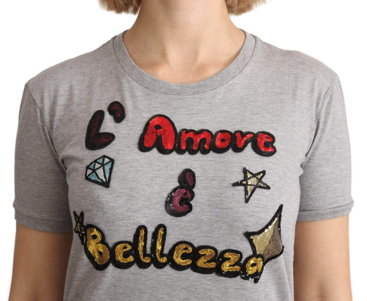 Dolce & Gabbana  Gray Cotton Amore e Bellezza Top T-shirt #women, Brand_Dolce & Gabbana, Catch, Dolce & Gabbana, feed-agegroup-adult, feed-color-gray, feed-gender-female, feed-size-IT36 | XS, feed-size-IT38|XS, feed-size-IT40|S, feed-size-IT42|M, feed-size-IT44|L, feed-size-IT46|XL, Gender_Women, Gray, IT36 | XS, IT38|XS, IT40|S, IT42|M, IT44|L, IT46|XL, Kogan, Sweaters - Women - Clothing, Women - New Arrivals at SEYMAYKA