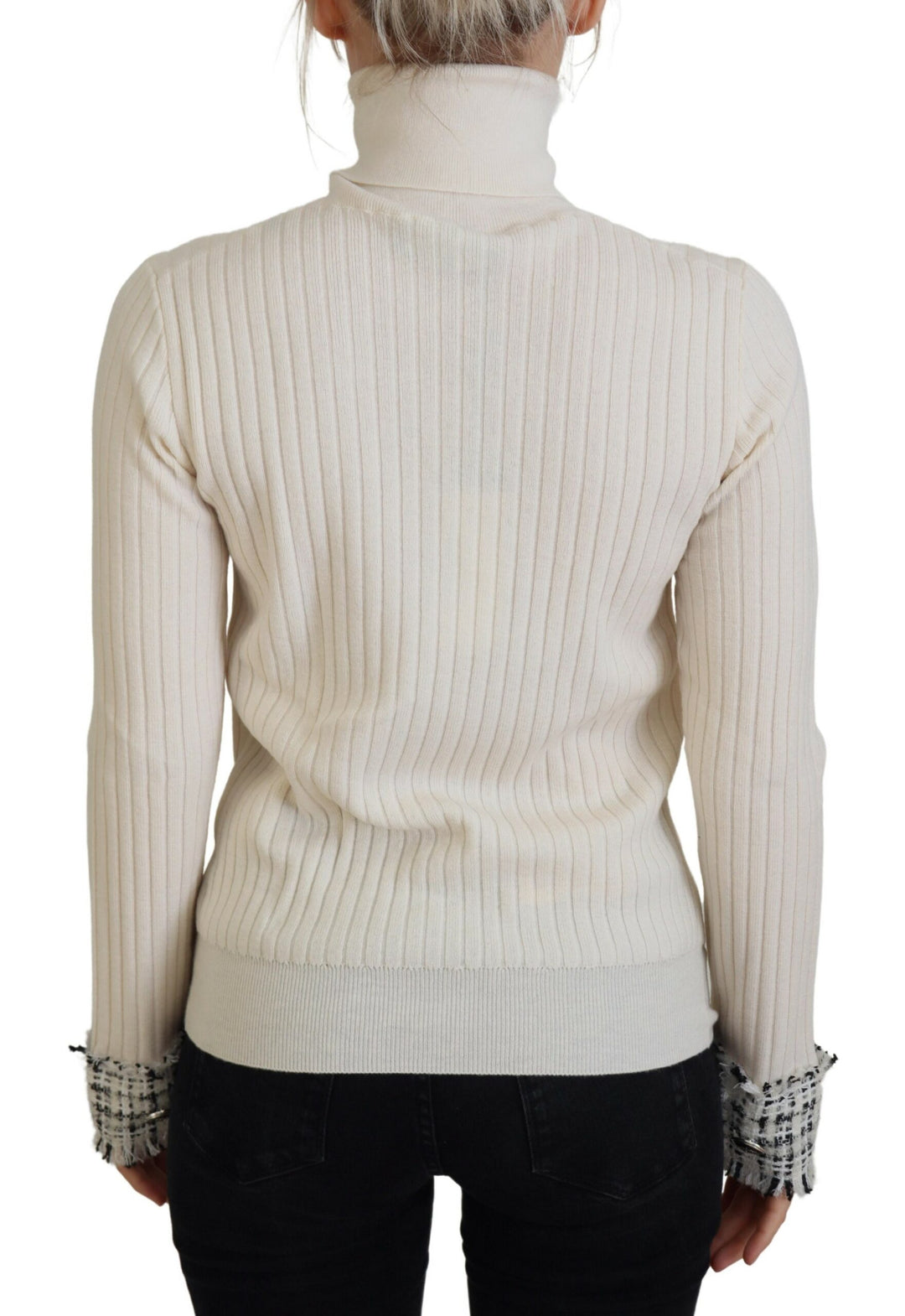 Dolce & Gabbana Ivory Turtleneck Distressed Cuff Pullover Sweater