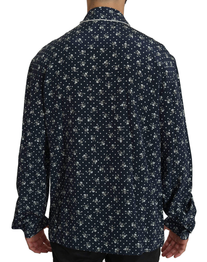 Blue Skull Print Silk Top Sleepwear Shirt #men, Blue, Brand_Dolce & Gabbana, Dolce & Gabbana, feed-agegroup-adult, feed-color-blue, feed-gender-male, feed-size-IT41 | L, Gender_Men, IT41 | L, Men - New Arrivals, Shirts - Men - Clothing at SEYMAYKA