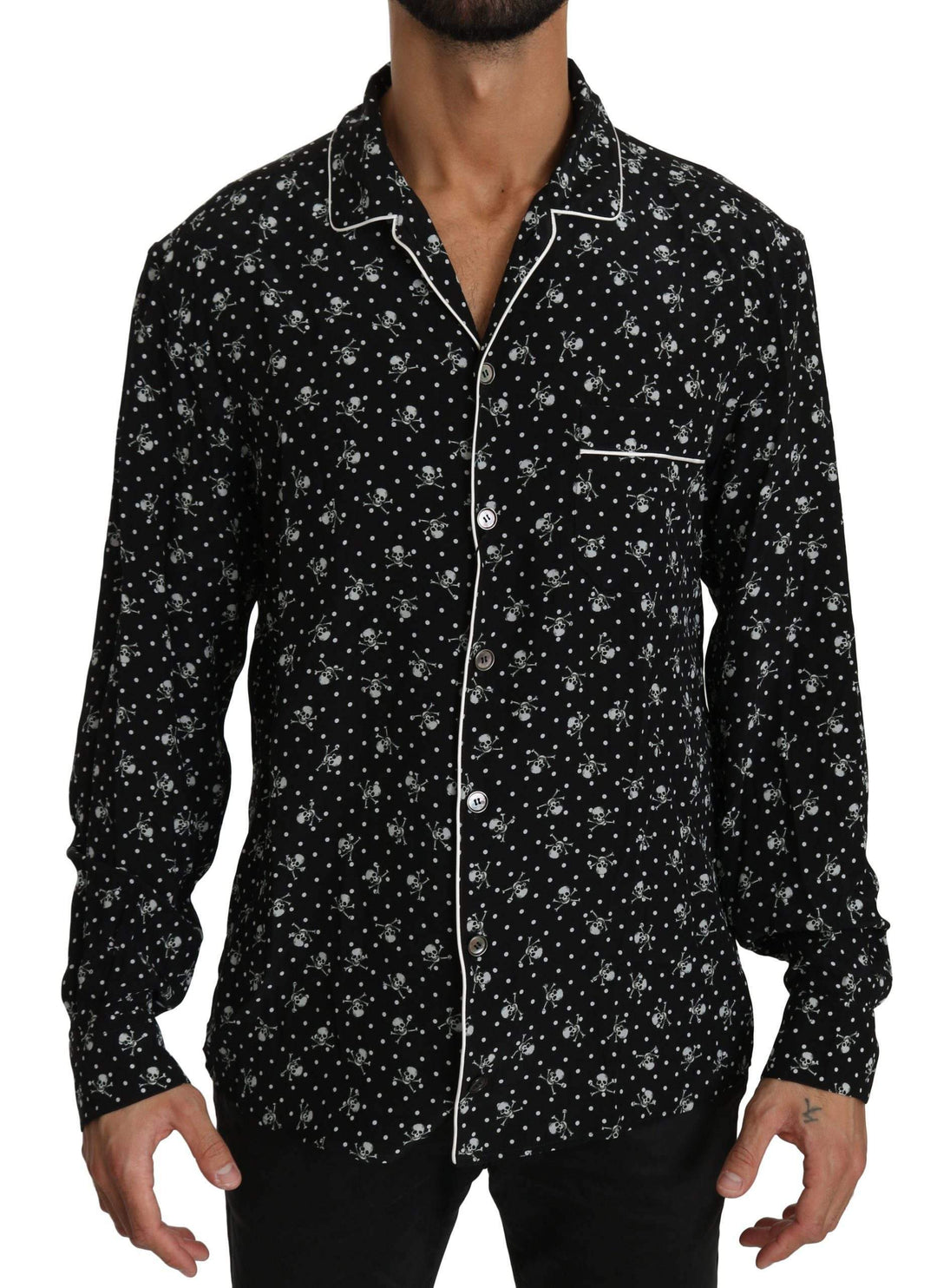 Dolce & Gabbana  Black Skull Print Silk Sleepwear Shirt #men, Black, Brand_Dolce & Gabbana, Catch, Dolce & Gabbana, feed-agegroup-adult, feed-color-black, feed-gender-male, feed-size-IT39 | S, Gender_Men, IT39 | S, Kogan, Men - New Arrivals, Shirts - Men - Clothing at SEYMAYKA