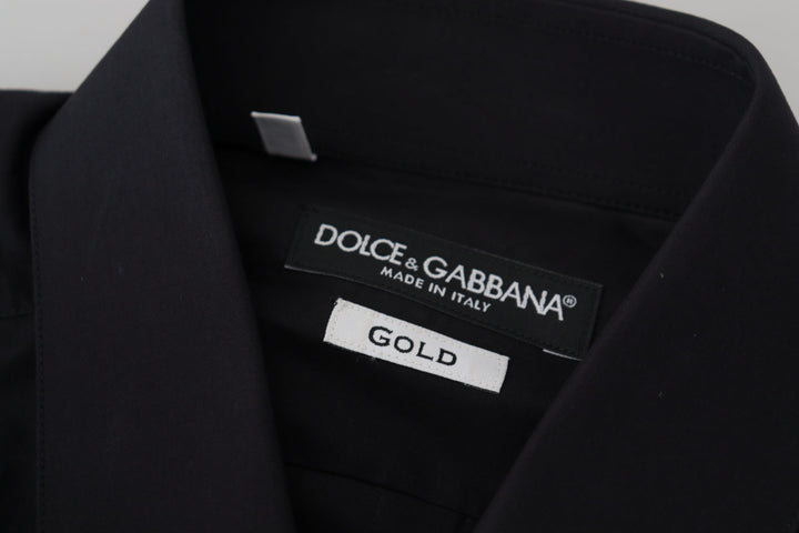 Dolce & Gabbana Black Cotton Slim Fit Formal Dress GOLD Shirt