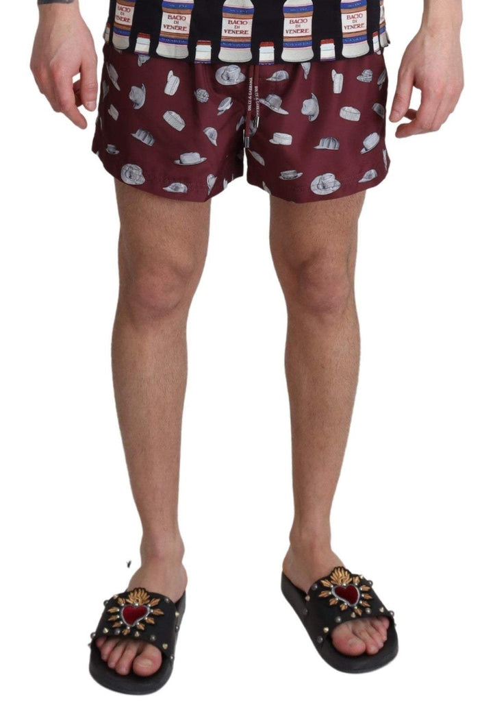 Dolce & Gabbana Maroon Hats Print Beachwear Shorts Swimwear #men, Dolce & Gabbana, feed-agegroup-adult, feed-color-marrone, feed-gender-male, IT4 | S, Marrone, Men - New Arrivals, Swimwear - Men - Clothing at SEYMAYKA