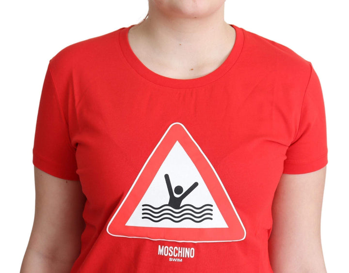 Moschino Red Cotton Swim Graphic Triangle Print  T-shirt #women, feed-agegroup-adult, feed-color-Red, feed-gender-female, IT42 | L, IT44|L, IT46|XL, Moschino, Red, Tops & T-Shirts - Women - Clothing, Women - New Arrivals at SEYMAYKA