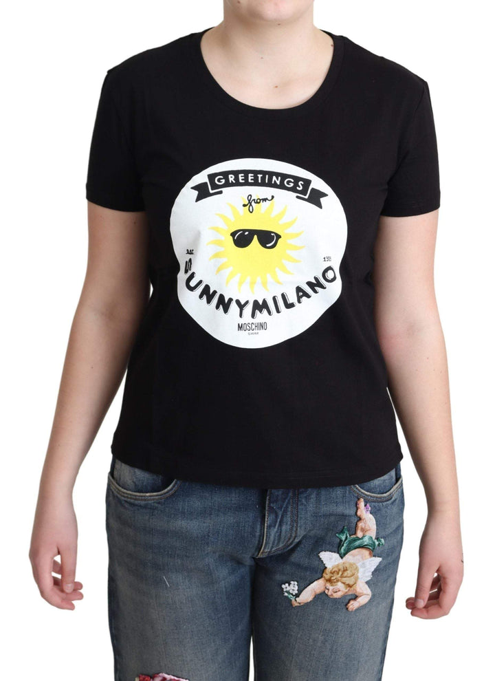 Moschino Black Cotton Sunny Milano Print T-shirt #women, Black, feed-agegroup-adult, feed-color-Black, feed-gender-female, IT40|S, IT42|M, IT44|L, Moschino, Tops & T-Shirts - Women - Clothing, Women - New Arrivals at SEYMAYKA