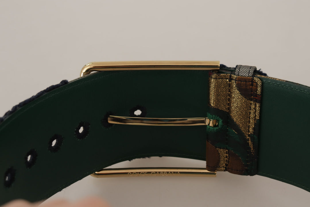 Dolce & Gabbana Green Jacquard Embroid Leather Gold Metal Buckle Belt