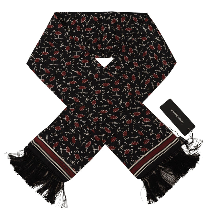 Dolce & Gabbana Black Red Umbrellas Patterned Shawl Fringe Scarf