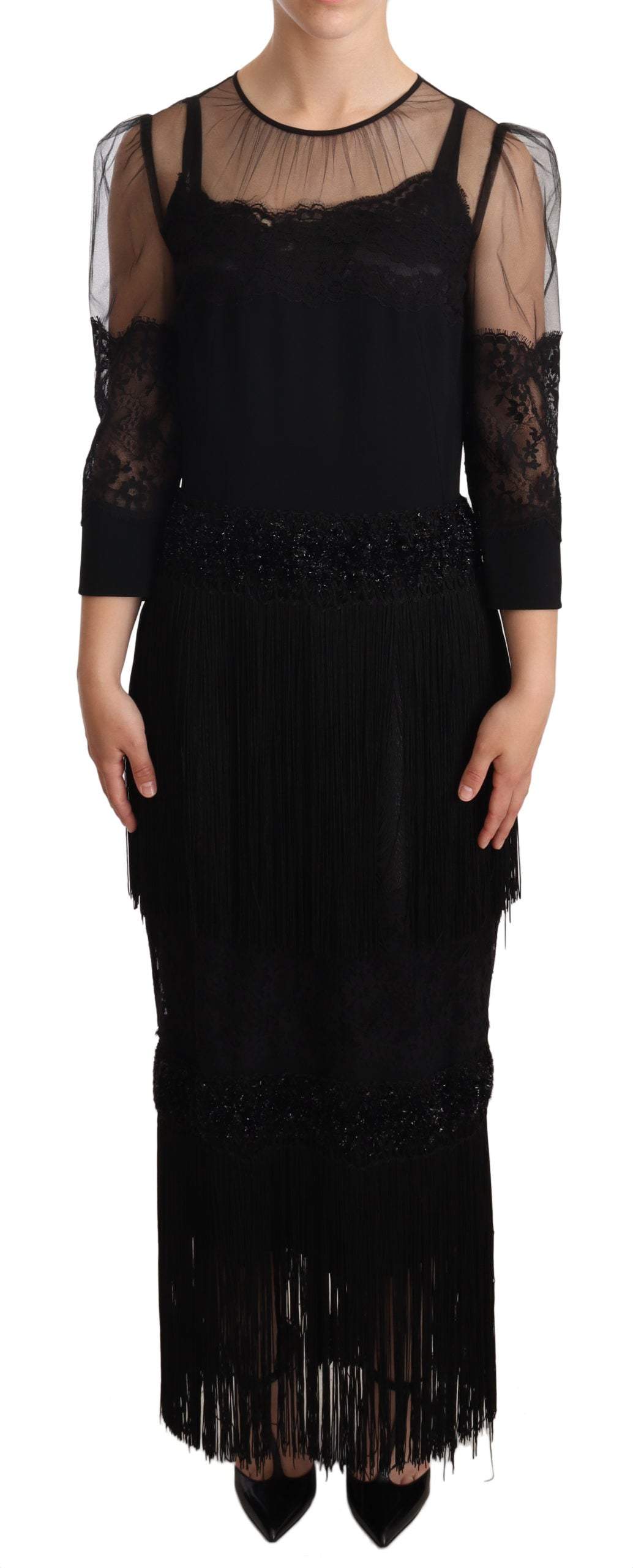 Dolce & Gabbana Black Sheer Floral Lace Crystal Maxi Dress Black, Dolce & Gabbana, Dresses - Women - Clothing, feed-agegroup-adult, feed-color-Black, feed-gender-female, IT44|L at SEYMAYKA