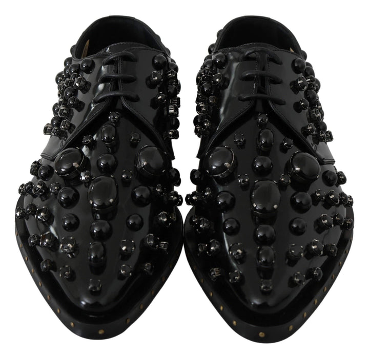 Dolce & Gabbana Black Leather Crystals Dress Broque Shoes #women, Black, Brand_Dolce & Gabbana, Dolce & Gabbana, EU39/US8.5, feed-agegroup-adult, feed-color-black, feed-gender-female, feed-size-US8.5, Flat Shoes - Women - Shoes, Gender_Women, Shoes - New Arrivals at SEYMAYKA